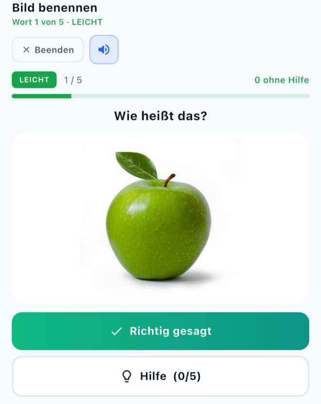 Lautkleckseapp: Übung „Bild benennen“ – ein Apfel, darunter „Richtig gesagt“ und „Hilfe“