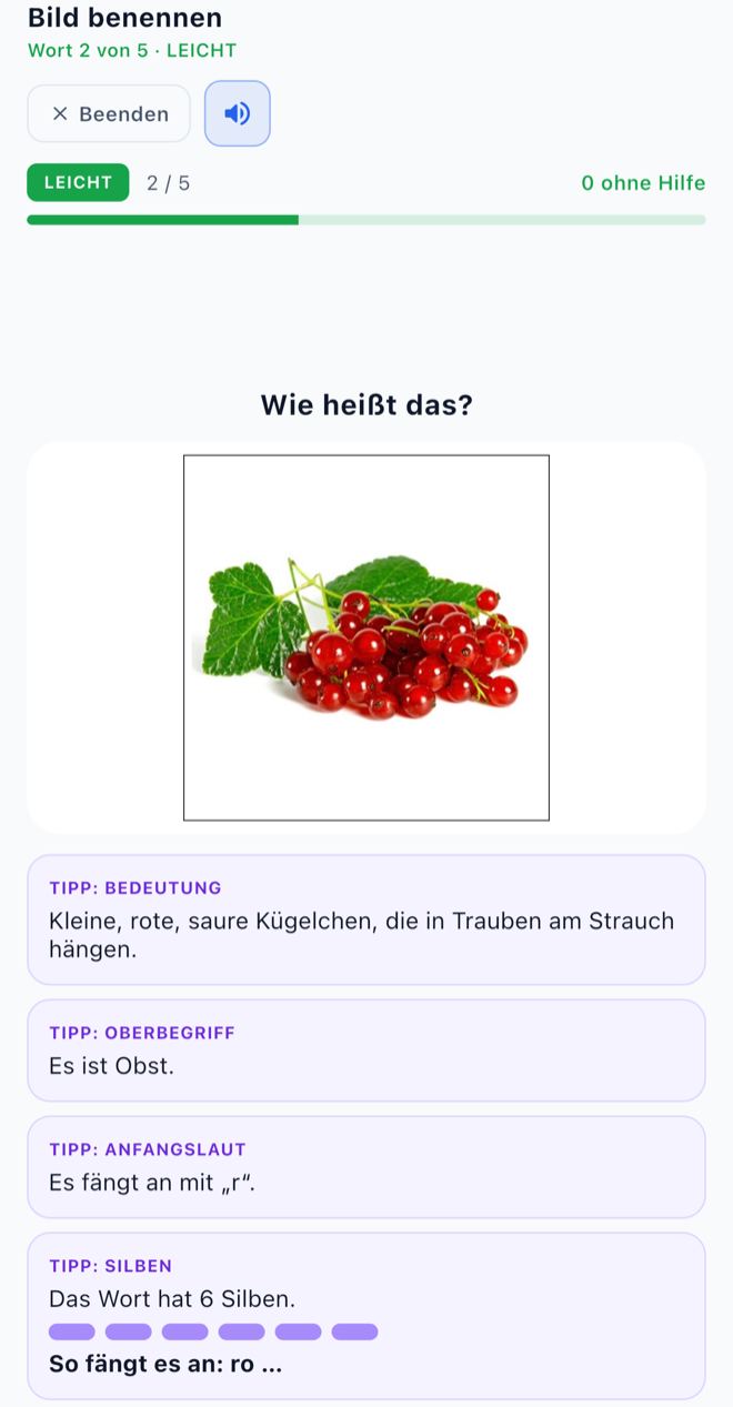 Lautkleckseapp: Bild benennen mit vier aufgeklappten Hilfen – Bedeutung, Oberbegriff, Anfangslaut und Silben
